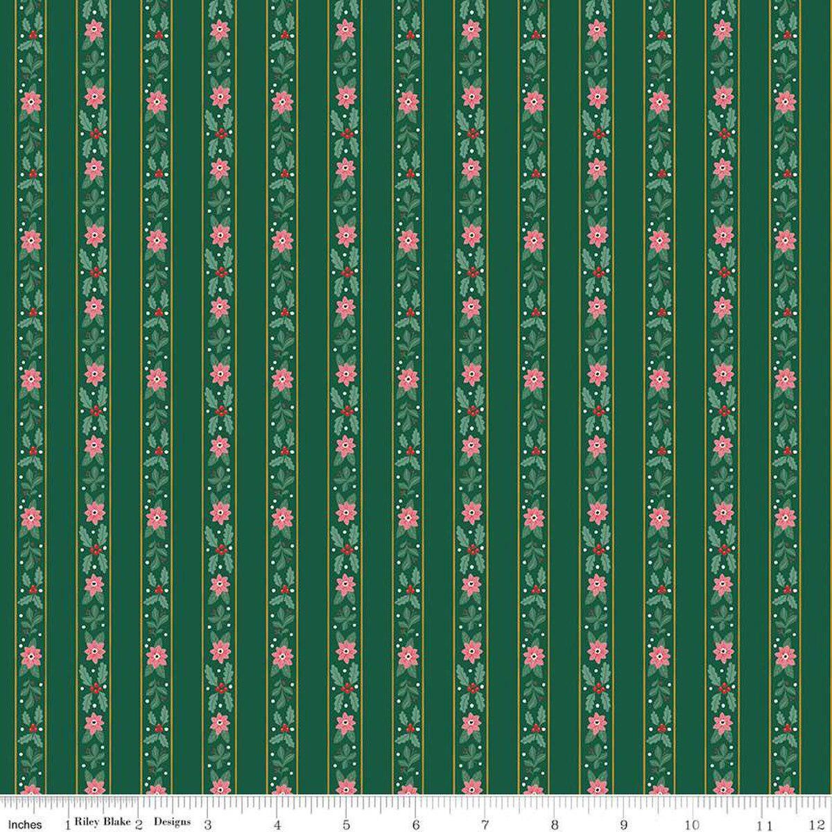 A Pear-fect Christmas French Stripe floral Green C14973-GREEN by Cayla Naylor for Riley Blake quilting apparel and home decor 100% cotton fabric