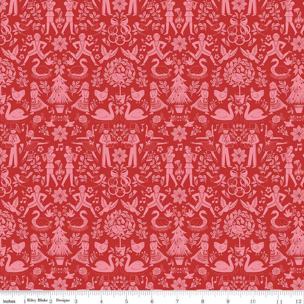 A Pear-fect Christmas Lords A-Leaping Coral floral C14972-CORAL by Cayla Naylor for Riley Blake quilting apparel and home decor 100% cotton fabric