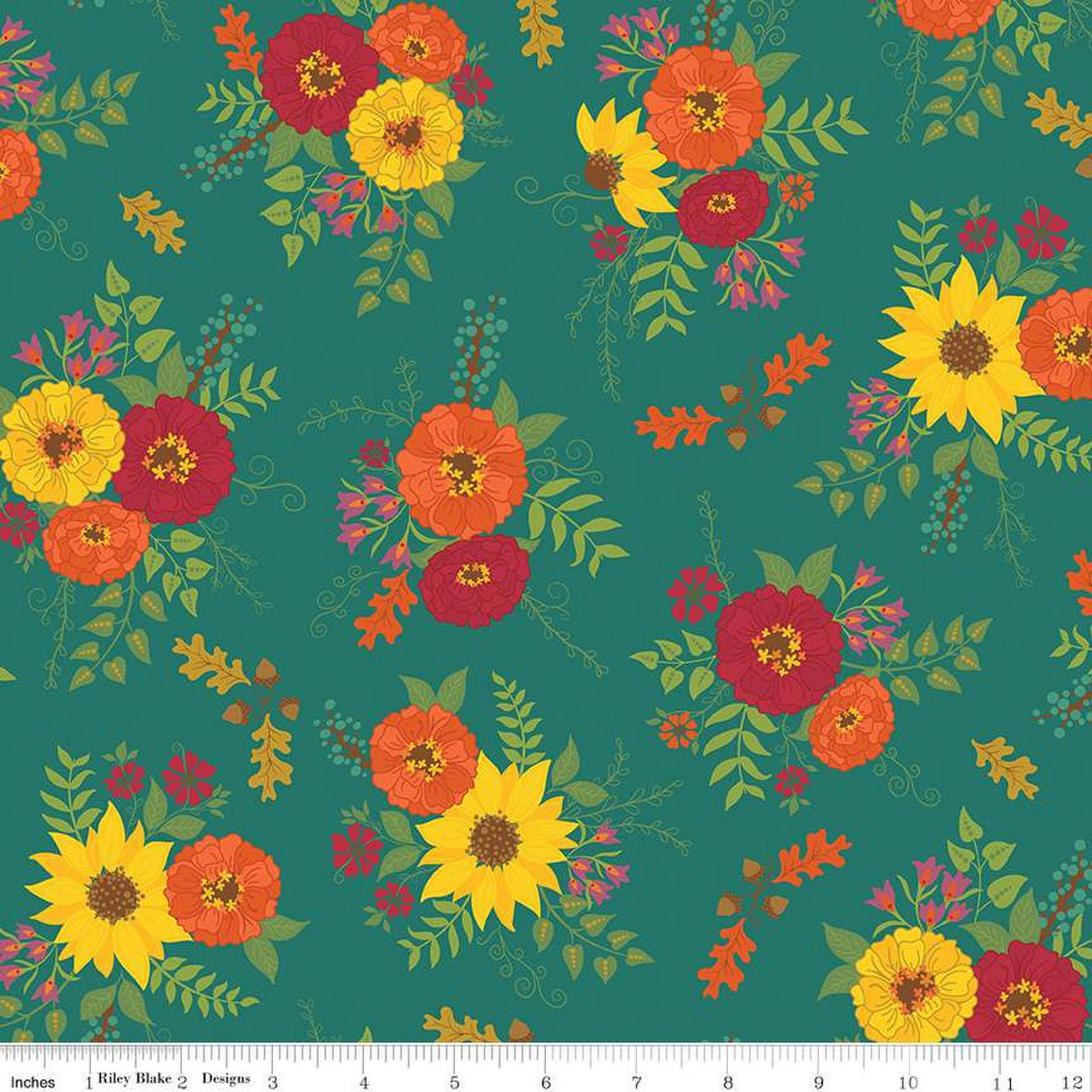 Autumn Afternoon Main Teal floral C14870-TEAL by Heather Peterson Riley Blake flowers, leaves, sprigs, oak leaves, and acorns 100% cotton fabric
