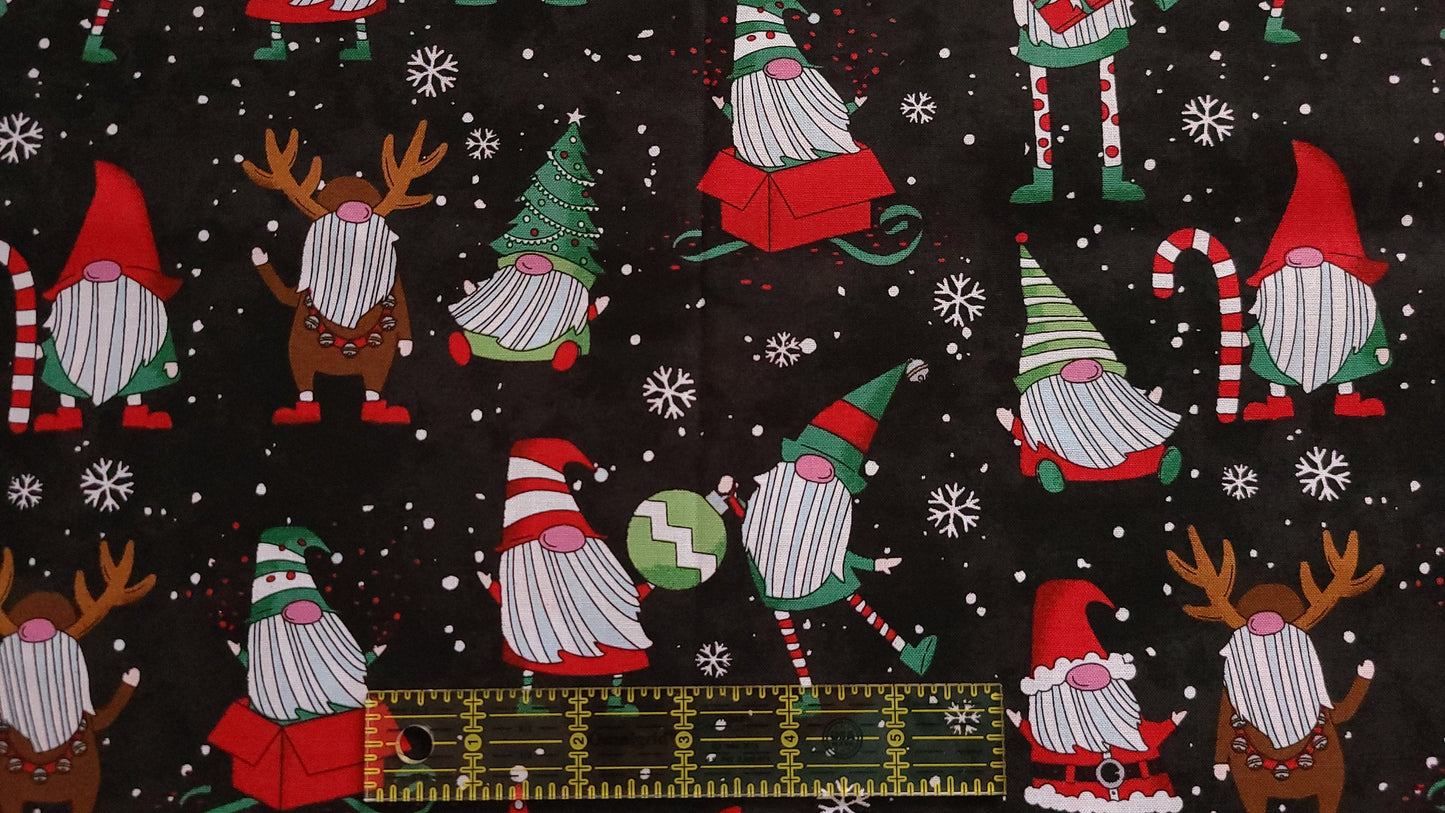 Christmas Gnomes on black Fabric Quilting Apparel Fabric 100% cotton