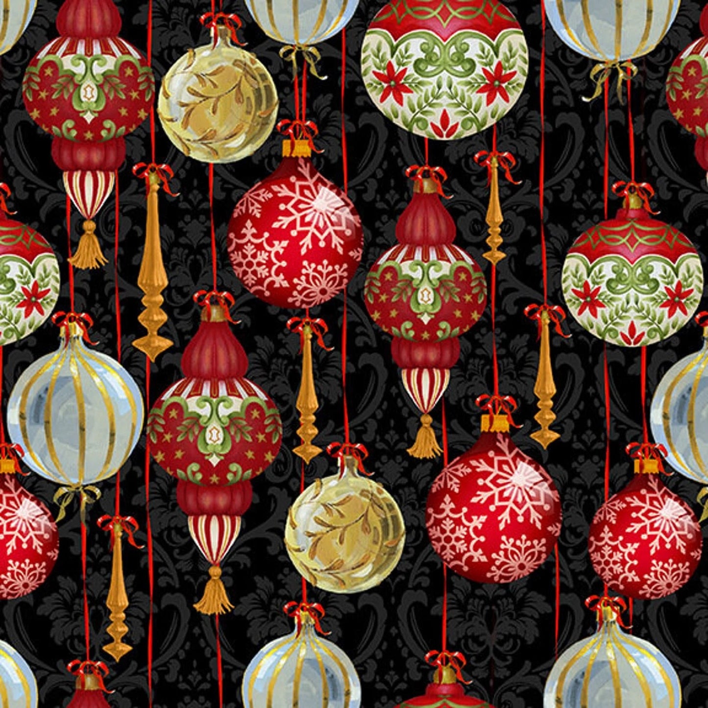 Christmas Legend II Ornaments in Black by Bruce Park for Henry Glass 100% Cotton Quilting Fabric HG 261-99