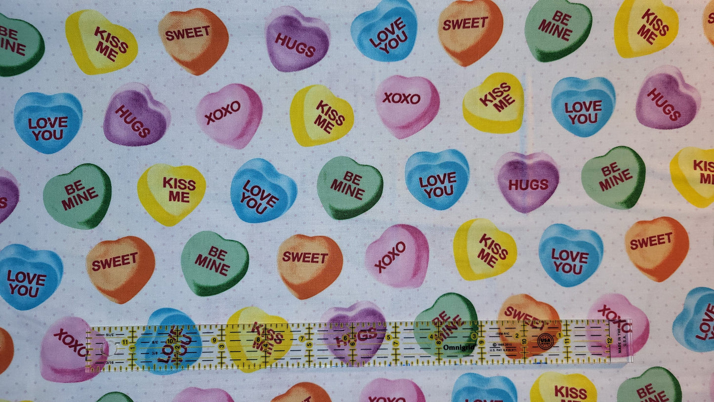 Conversation Hearts Valentine's Day Sweethearts & Polka Dot Fabric Novelty 100% Cotton Fabric