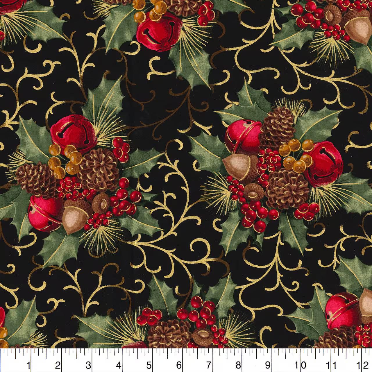 Fabric Traditions Christmas black Glitter Berries & Bells glitter Christmas 100% cotton fabric