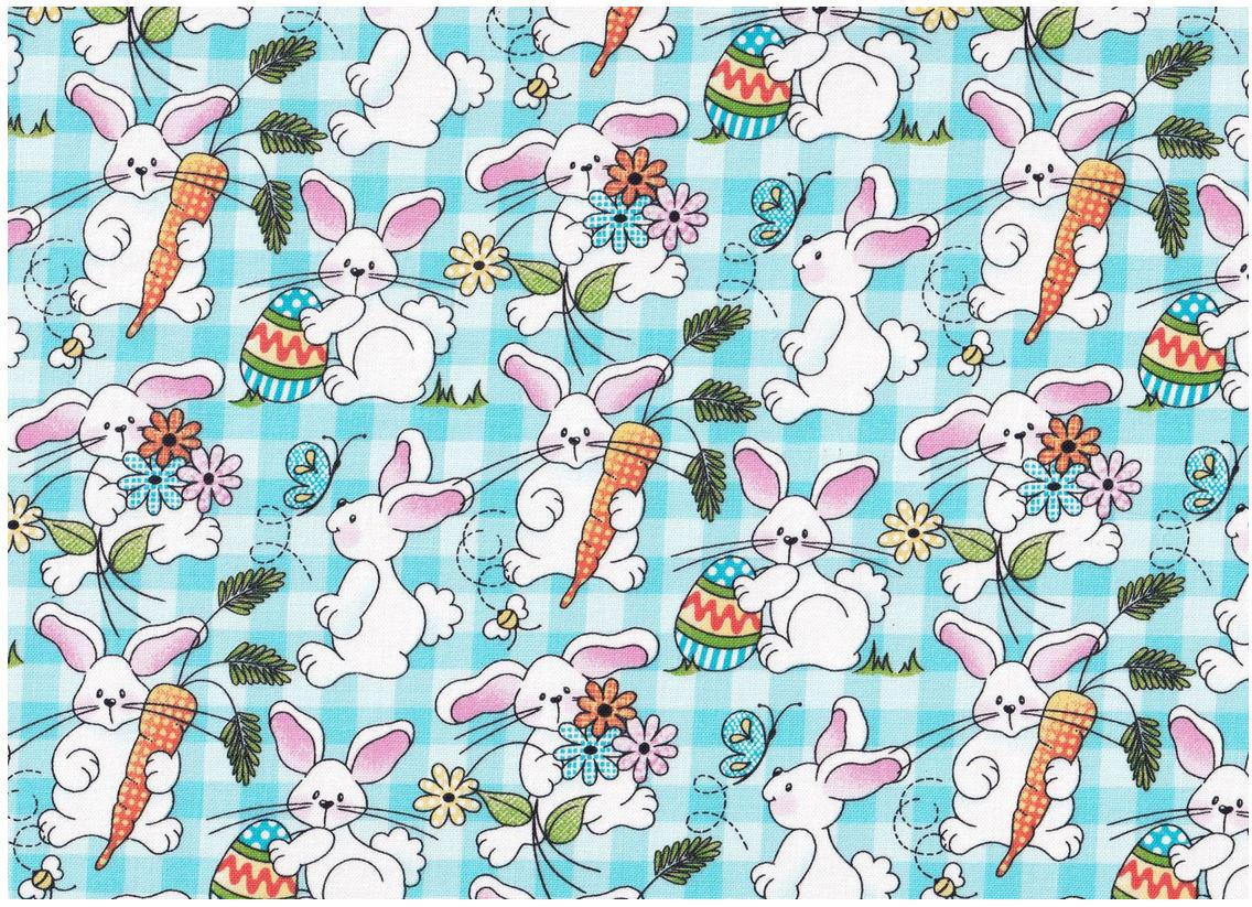 Fabric Traditions Easter 17922-B Patty Reed Bunnies on Teal Plaid Cotton Fabric 100% cotton