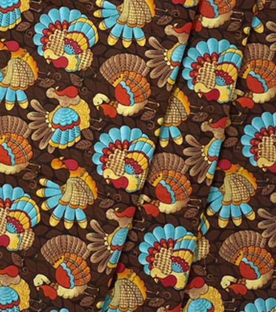 Fall Teal Turkeys on Brown Cotton Fabric by Laurie Campbell from Fabric Traditions turkey Harvest fall theme 100% cotton