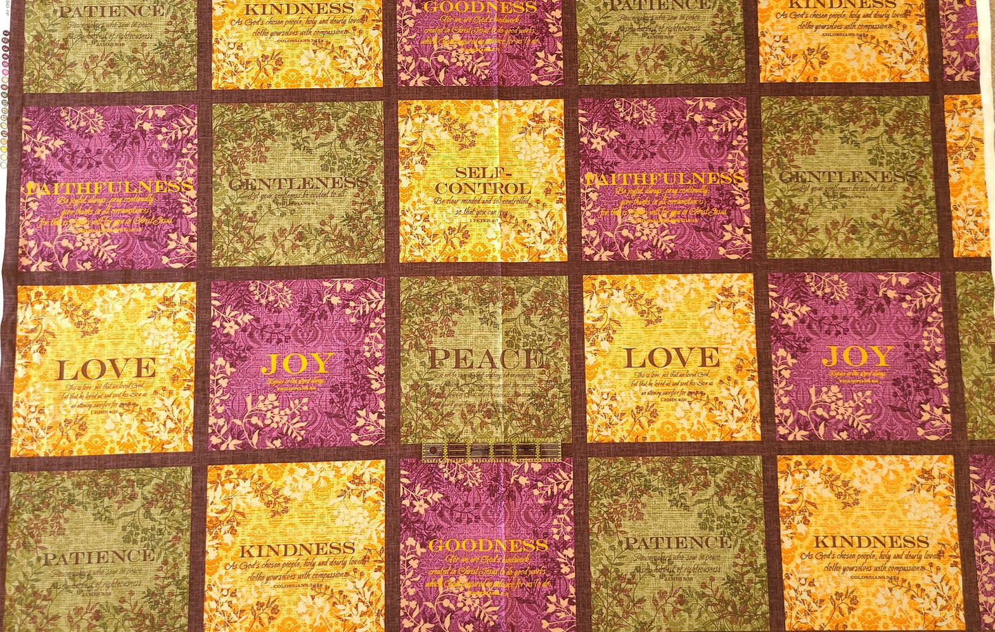 Fruit of spirit 24"x44" panel love joy peace patience goodness kindness faithfulness Cotton quilting Fabric 7.5" square 100% Cotton fabric