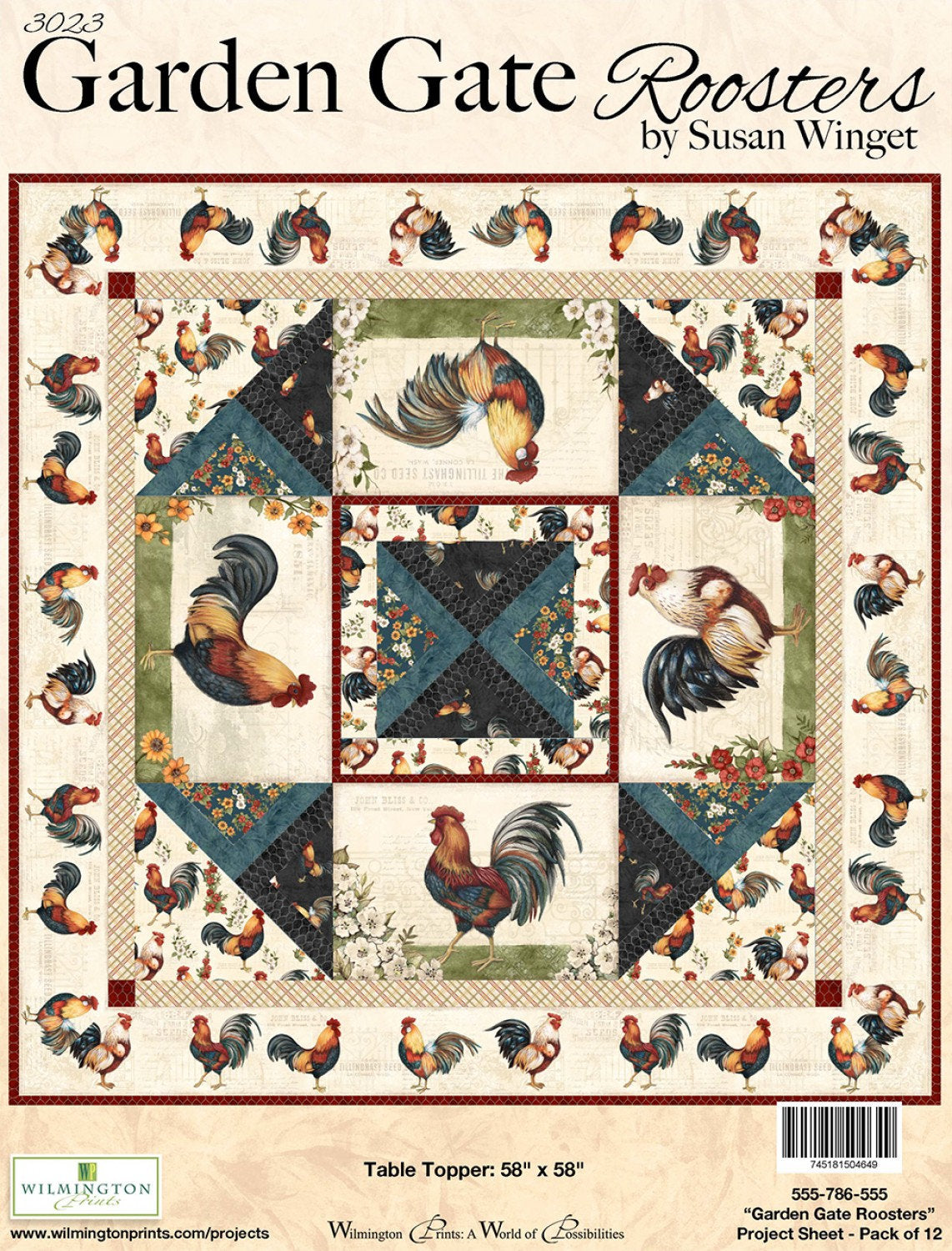 Garden Gate Roosters by Susan Winget Black Floral # 39814-913 From Wilmington Prints 100% cotton fabric
