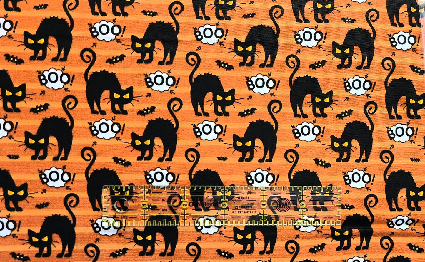 Halloween clearance fabric Angry cat on orange 100% Cotton Fabric