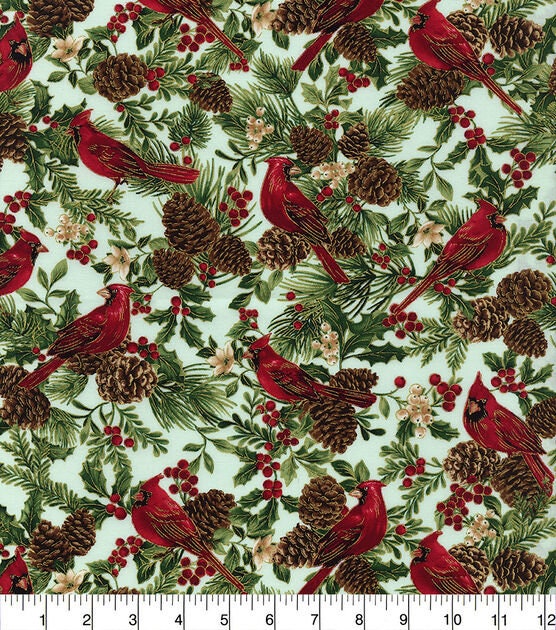Hi Fashion Metallic Cardinals on Gray Christmas Cotton Fabric 100% cotton