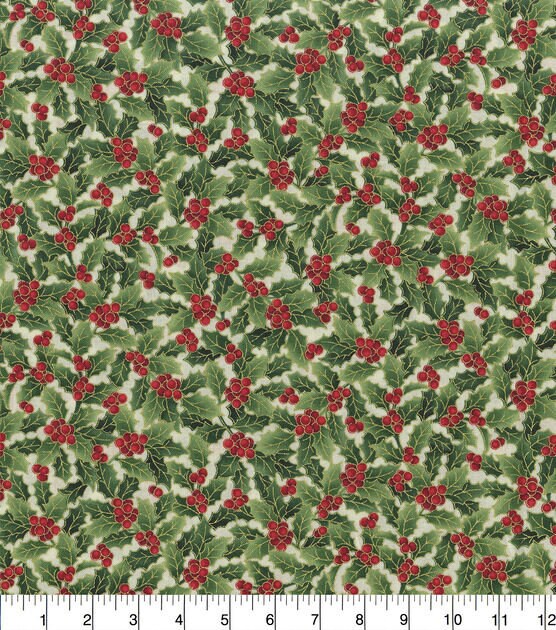 Hi Fashion Metallic Holly Christmas Cotton Fabric 100% Cotton