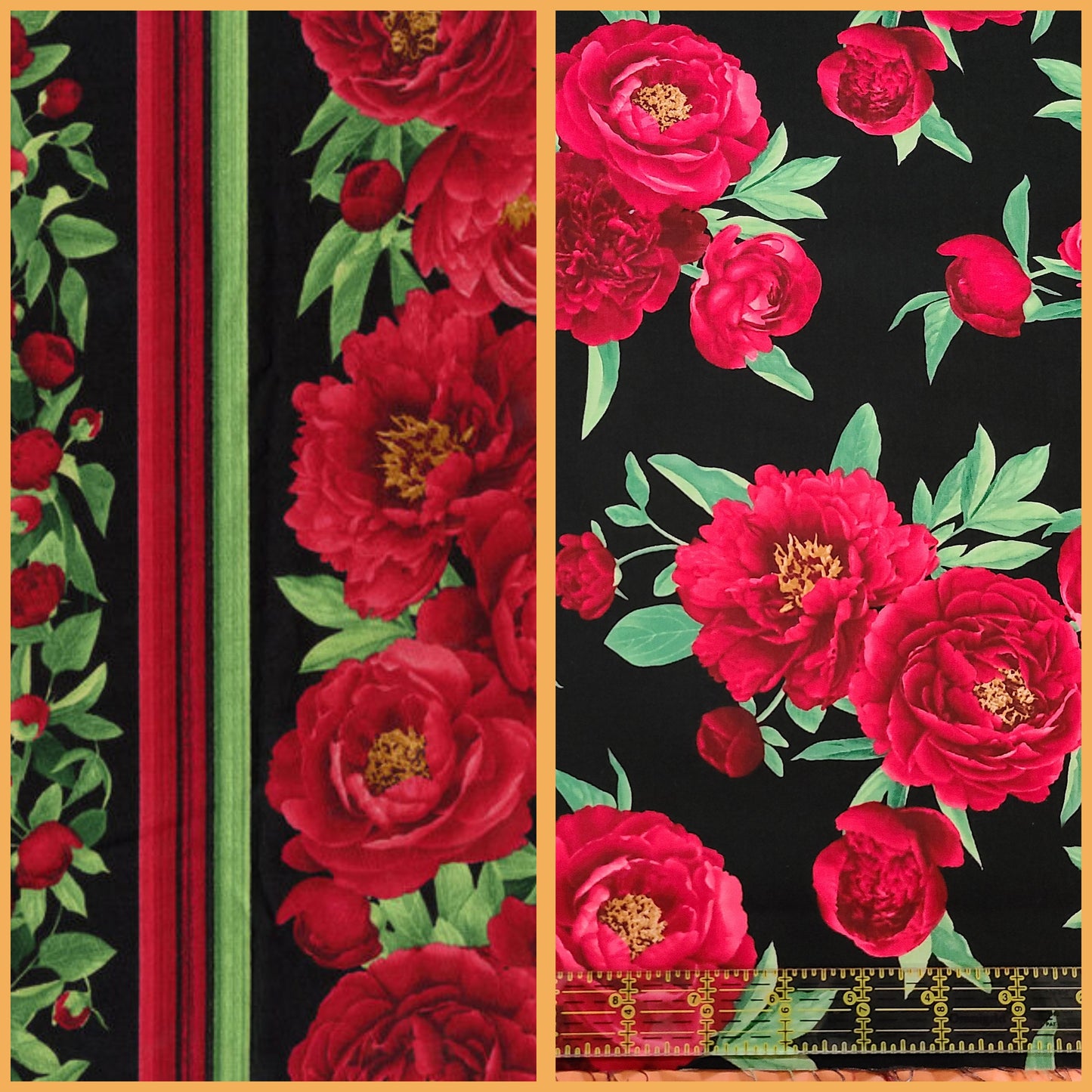 Hi Fashion Red Peony On Black Tossed Premium Print 100% Cotton fabric