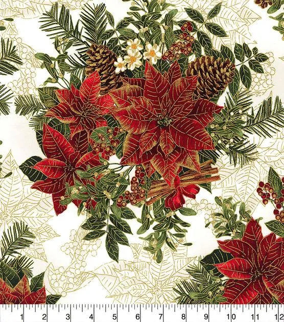 Hi Fashion Red Spice Poinsettias on Cream Christmas Metallic Cotton Fabric Christmas 100% Cotton
