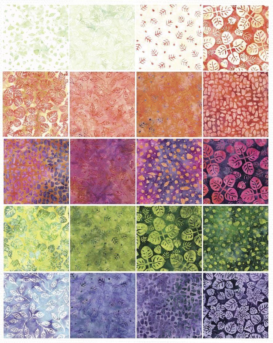 Island Batik Breezy-ST 10" squares layer cake 42 pieces precut with 20 designs leaves green purple orange red yellow cotton Batik fabric
