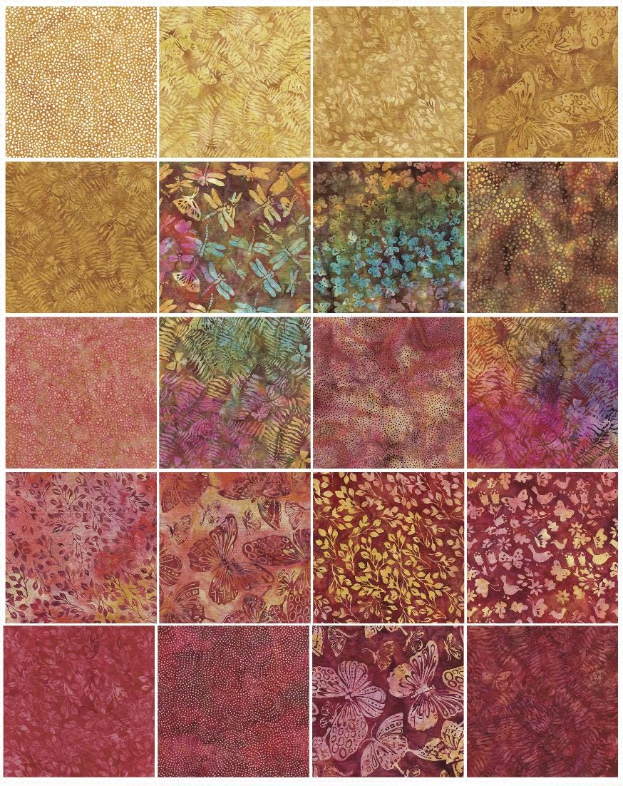 Island Batik Monarch-ST 10" squares layer cake 42 pieces precut with 20 designs butterflies foliage gold red purple 100% cotton Batik fabric