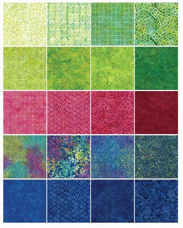 Island Batik Ornate Gems-ST 10" squares layer cake 42 pcs precut with 20 designs gem-like motifs green pink blue 100% cotton Batik fabric