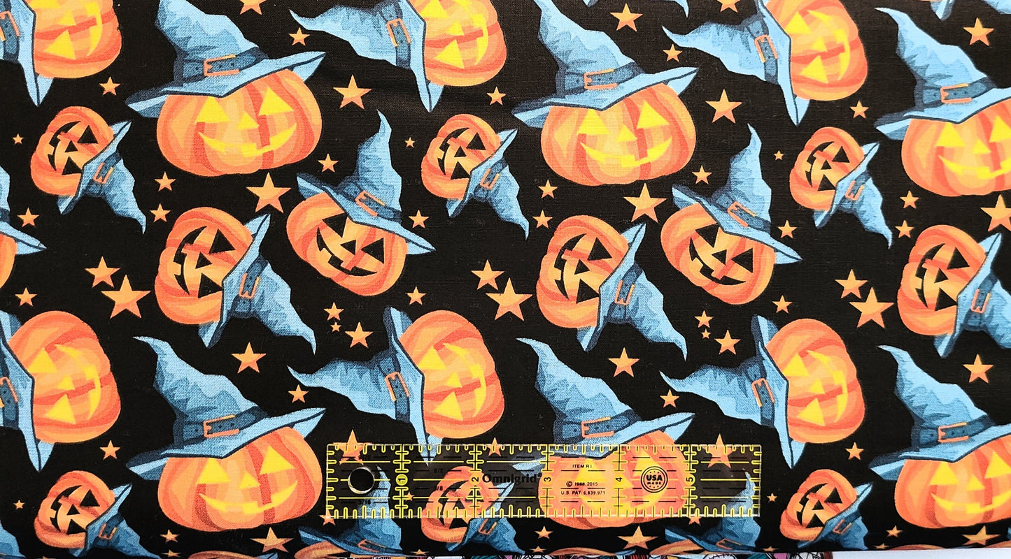 Jack-O-Lantern clearance allover on black Halloween 100% Cotton Fabric