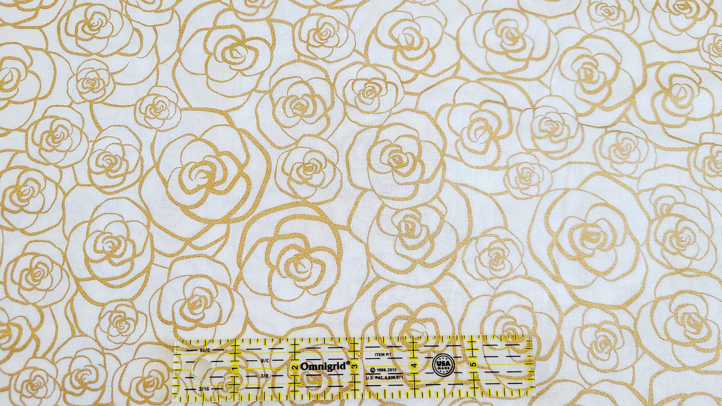 Metallic Gold Roses Fabric Gold Flowers Gold Rose Outline Cotton Fabric 100% Cotton