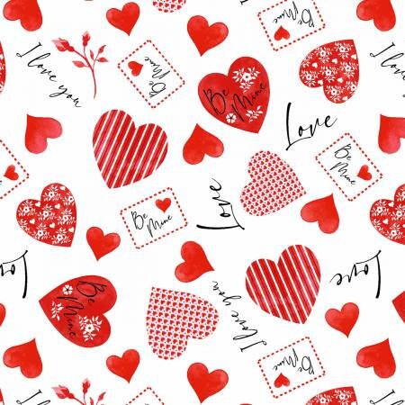 Multi Tossed Envelopes And Hearts from Henry Glass Valentine's Day 100% Cotton Fabric