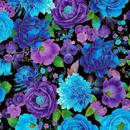 New Timeless treasure Black Utopia Blue Metallic Florals # CM1020-BLACK 100% Cotton fabric