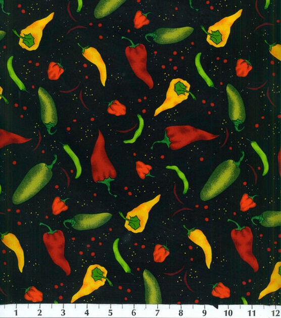 Novelty Cotton Fabric Tossed Peppers on Black 100% cotton