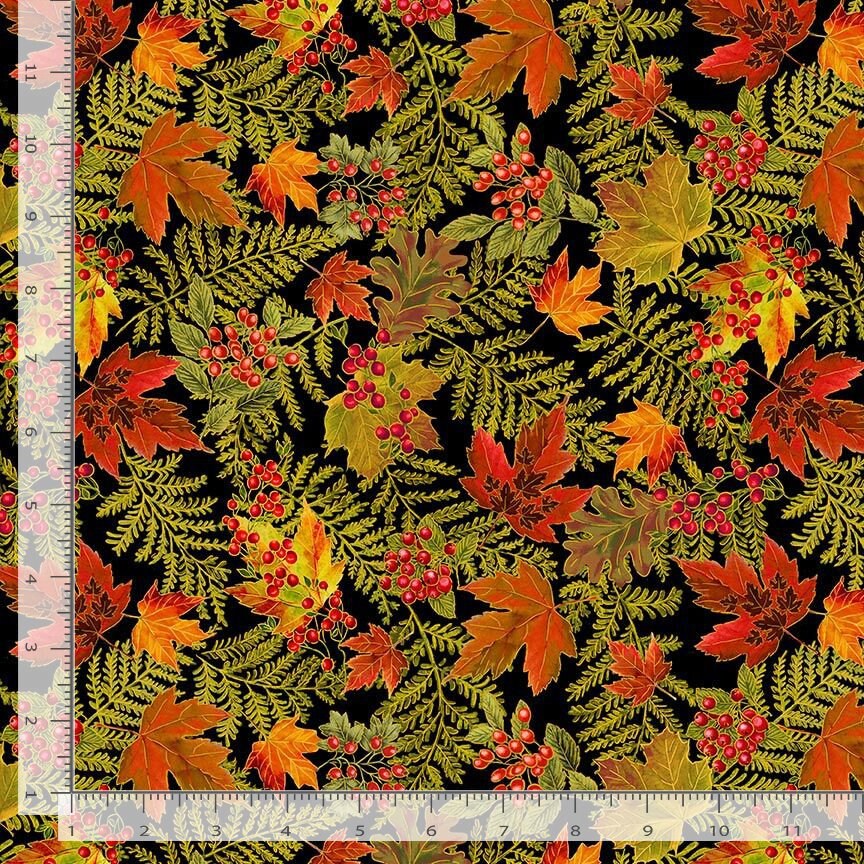 Packed autumn leaves metallic floral fabric from Timeless Treasures CM2106 BLACK Thankful COLLECTION Thanksgiving fall theme 100% cotton