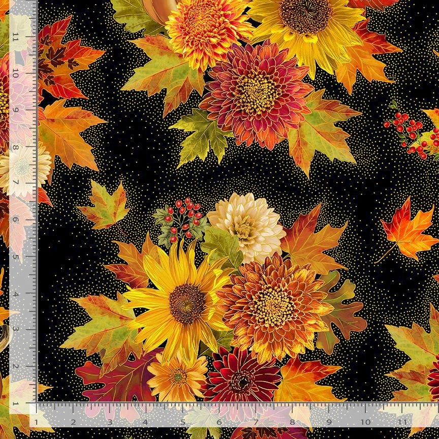 Packed bouquet metallic florals fabric from Timeless Treasures CM2105 BLACK Thankful COLLECTION Thanksgiving fall theme 100% cotton fabric