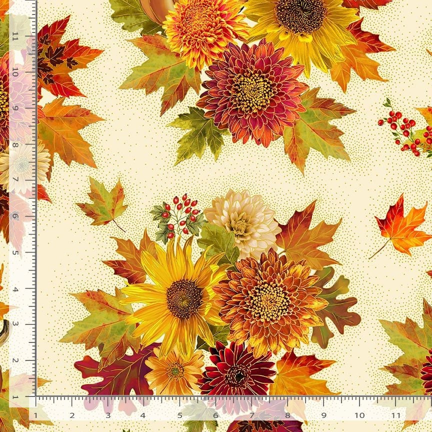 Packed bouquet metallic florals fabric from Timeless Treasures CM2105 cream Thankful COLLECTION Thanksgiving fall theme 100% cotton fabric