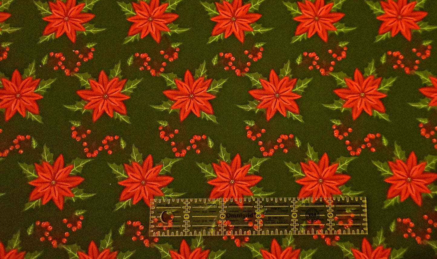 Poinsettia flowers on green clearance cotton fabric holiday Christmas Cotton Fabric 100% cotton fat quarter half yard one yard