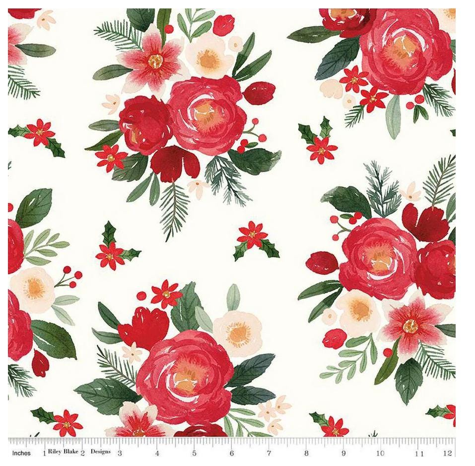 Riley Blake Wide Back 3 yard cut Charming Christmas Floral WIDE BACK WB16358 Cloud 107/108" Wide Quilting Cotton Fabric 100% cottons