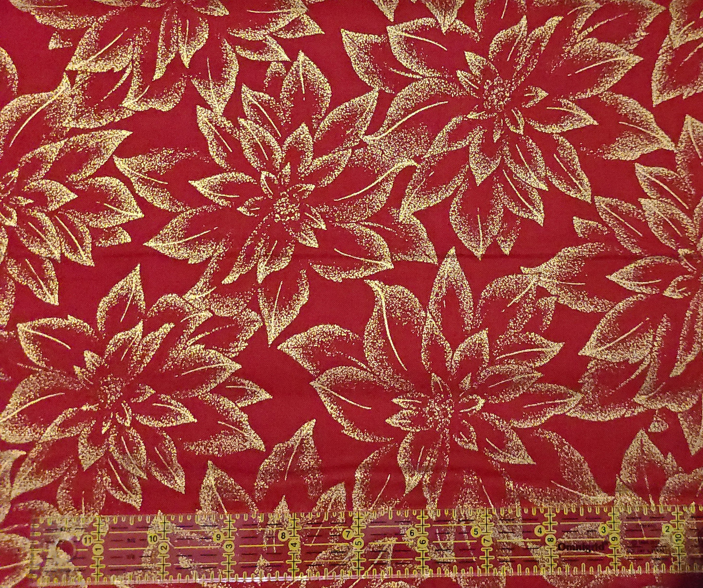 Robert Kaufman Fabrics Holiday Flourish Packed Poinsettia Blooms Metallic gold 18344 RED Cotton
