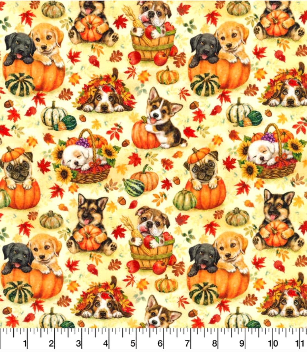Robert Kaufman Harvest Pups on Yellow fall theme 100% cotton