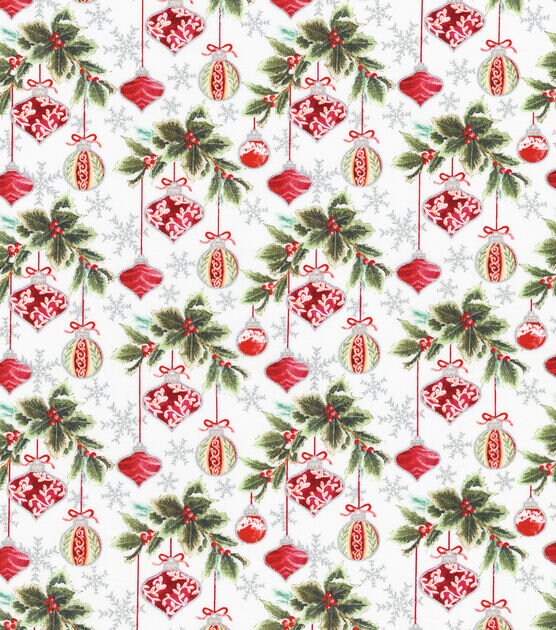 Robert Kaufman Metallic Gray & Red Ornaments Christmas 100% Cotton Fabric