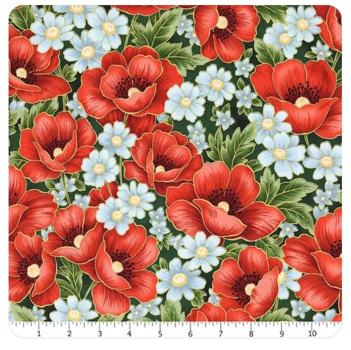 Robert Kaufman Poppy Hill Studio Poppies Bouquet Gold Metallic - 21856-44 100% Cotton