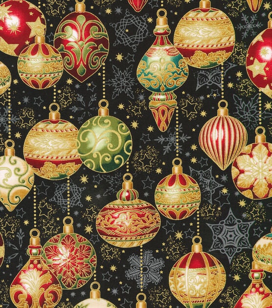 Robert Kaufman decorative ornaments on black Metallic Christmas Cotton Fabric 100% Cotton sold by half yard by the yard