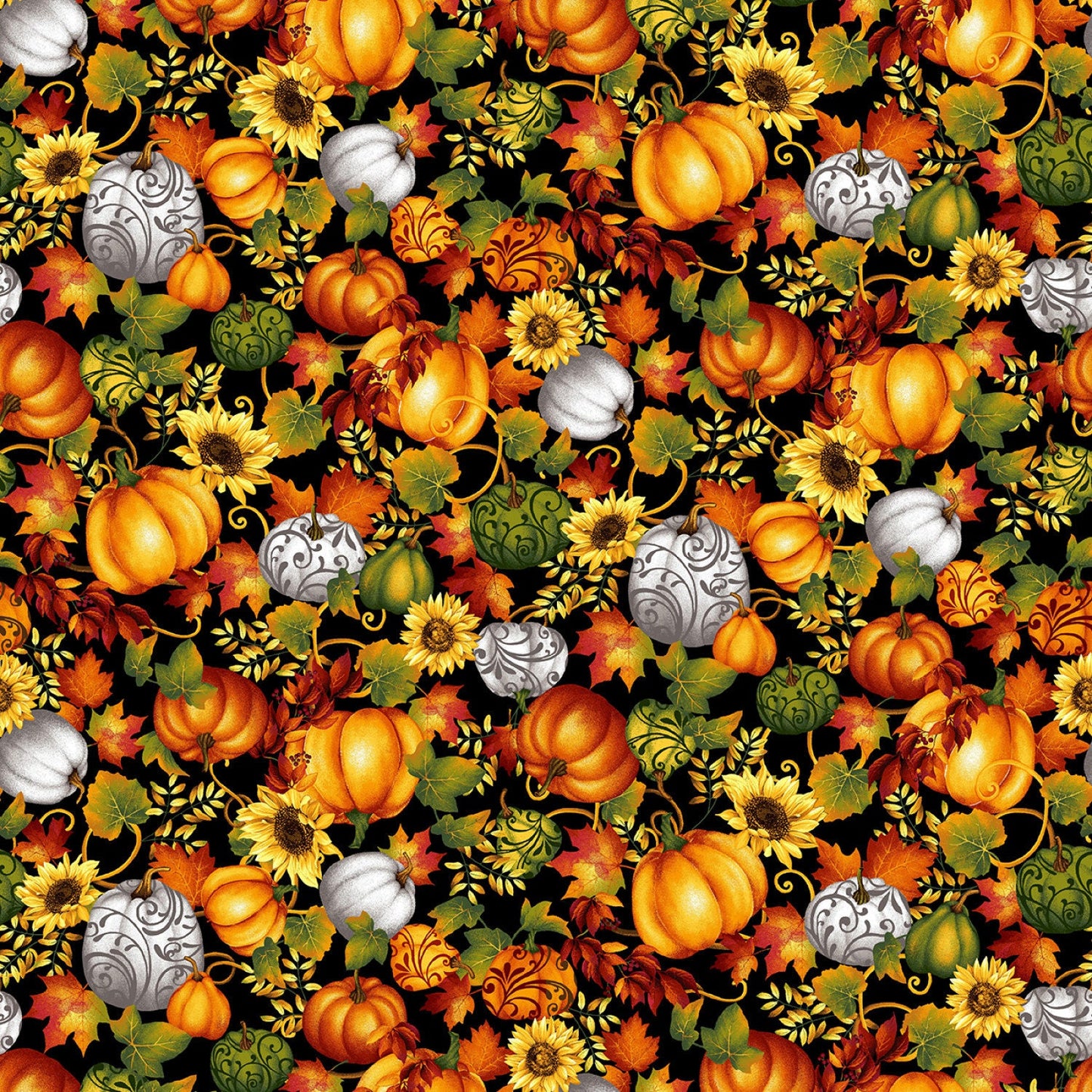 Studio E Black Multi Pumpkins from Collection Seeds of Gratitude # 7698S-99 fall theme 100% cotton