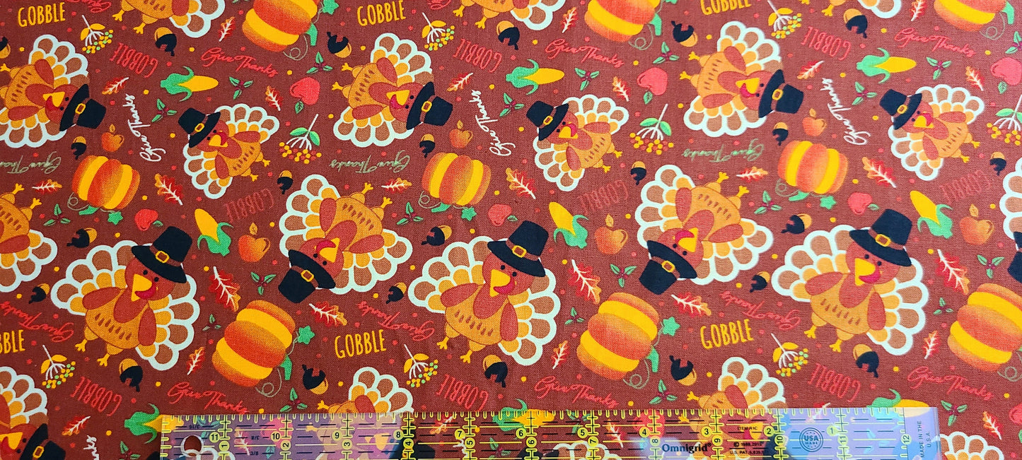 Thanksgiving fabric Harvest fall theme turkey pumpkin feast pilgrim 100% cotton