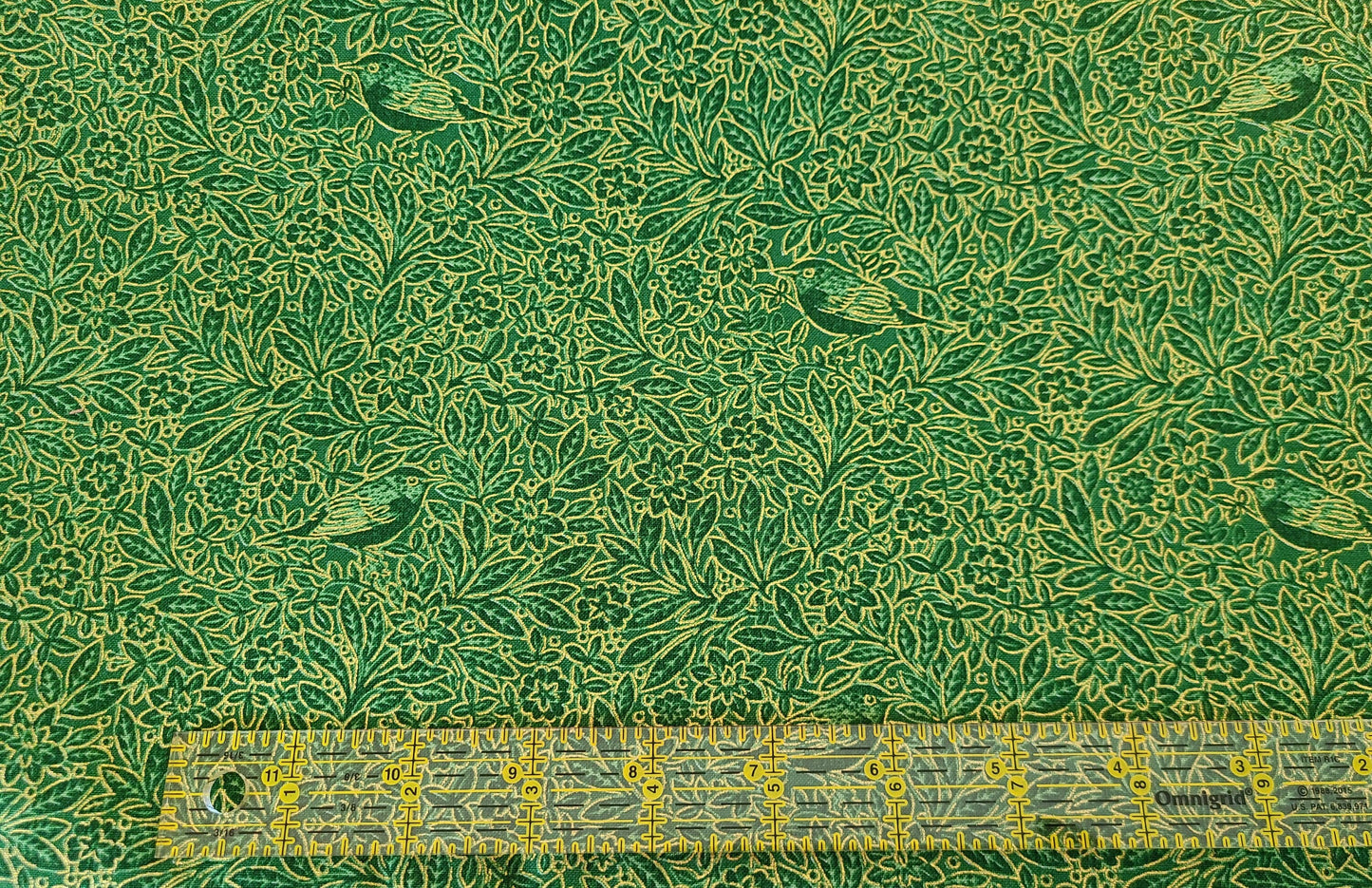 Timeless Treasures metallic gold Christmas Joy Birds in the Hedge Green TT 1284 Green 100% Cotton fabric