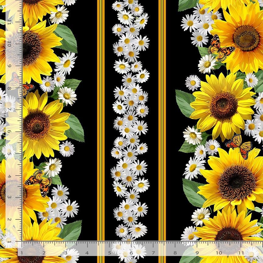 Timeless Treasures sunflowers and butterflies CD2922 11" stripe from collection Advice from a sunflower 100% cotton digital fabric