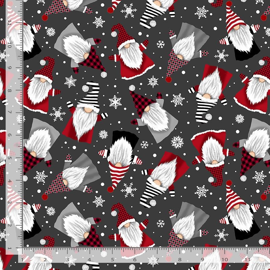 Timeless Treasures tossed winter gnomes & snowflakes by Gail Cadden Gnome for The Holidays Gail-CD1364 Charcoal 100% Cotton fabric