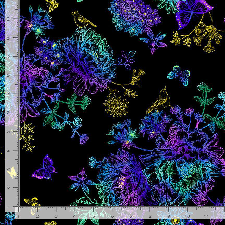 Timeless treasures Floral bird etching metallic FLORA-CM2983 black MULTI 100% Cotton fabric