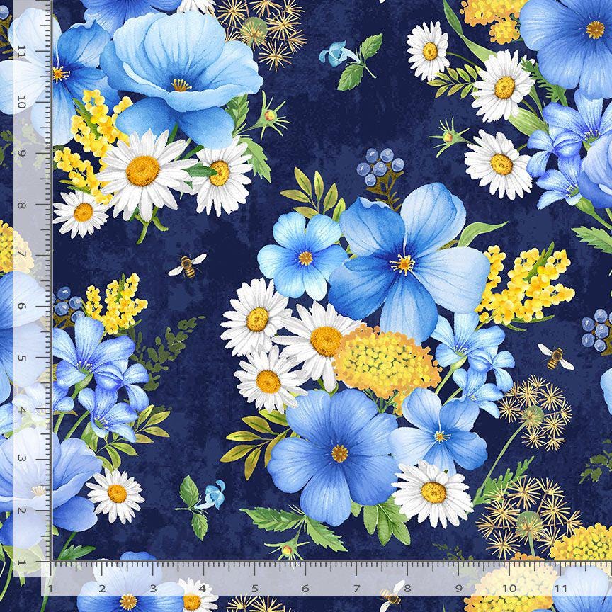 Timeless treasures bee floral bouquet FLEUR-CD3256 NAVY Collection Bee & Bee Kind 100% Cotton fabric