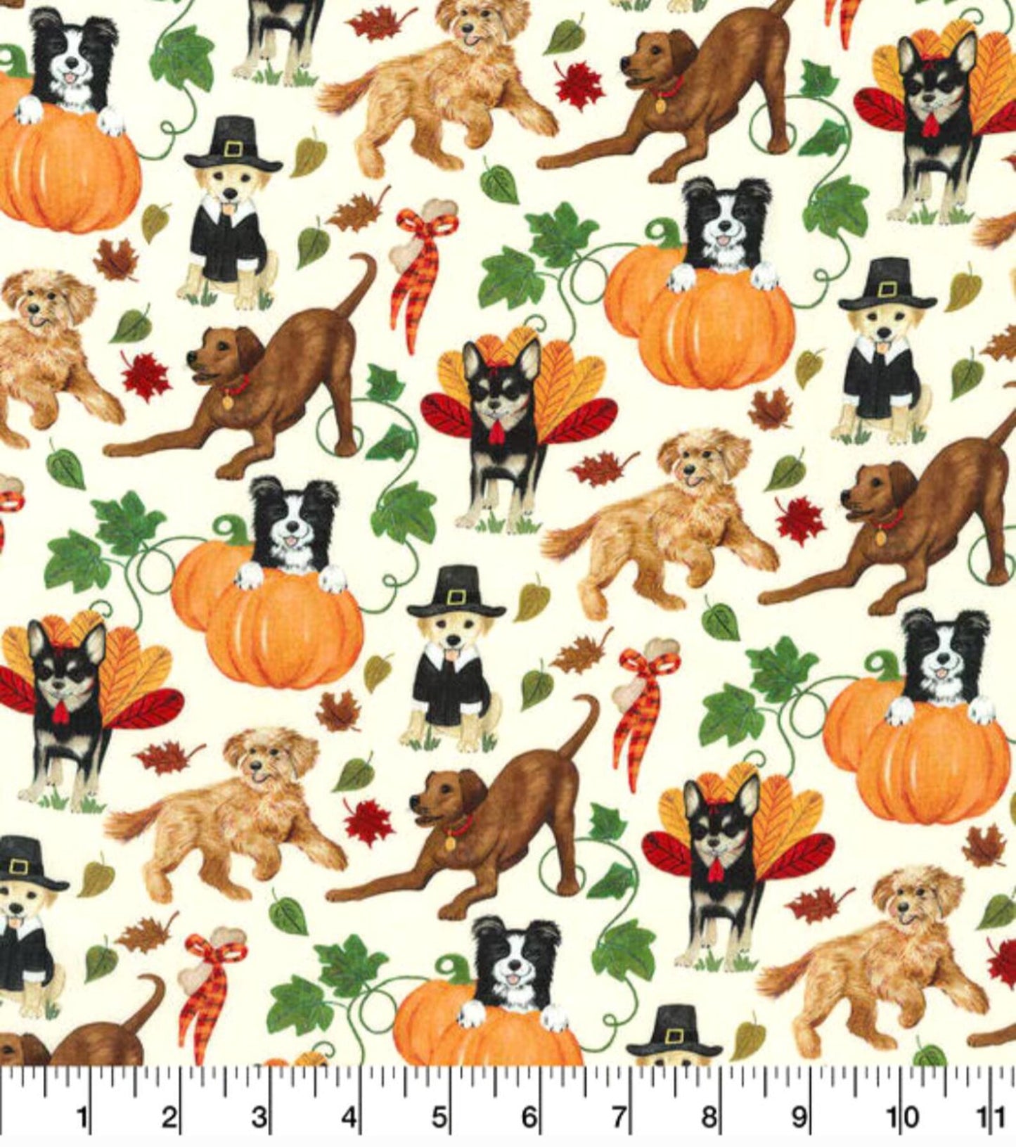 Robert Kaufman Pups Playing on Cream Thanksgiving Cotton Fabric fall theme 100% cotton