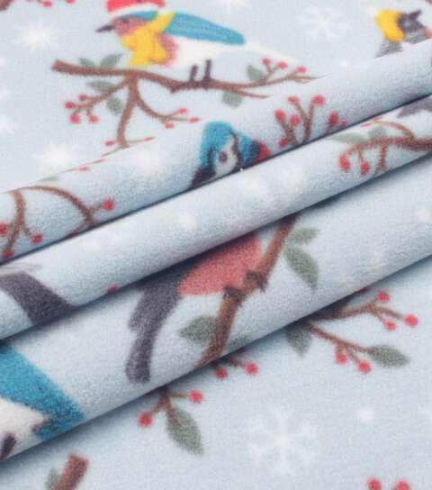 Warm Holiday Birds on Blue Christmas Anti Pill Plush Fleece Fabric 59" wide