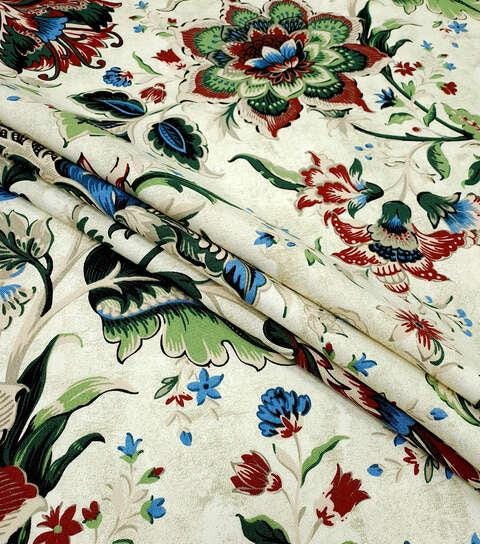 New Folk Jacobean Floral on Beige Christmas Cotton Canvas Fabric 44" wide upholstery fabric