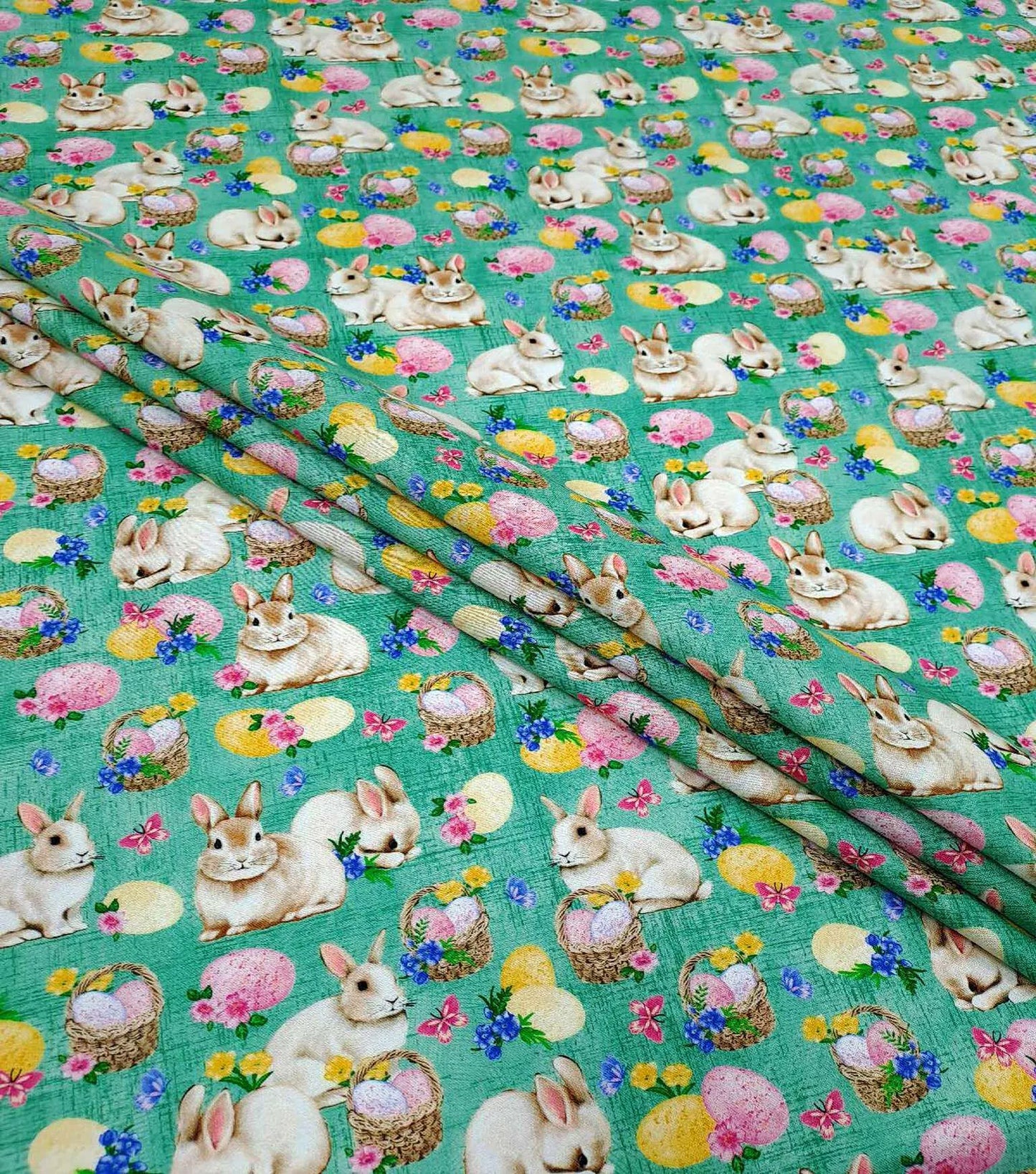 Bunny & Eggs on Sage Easter Cotton Fabric from  100% cotton