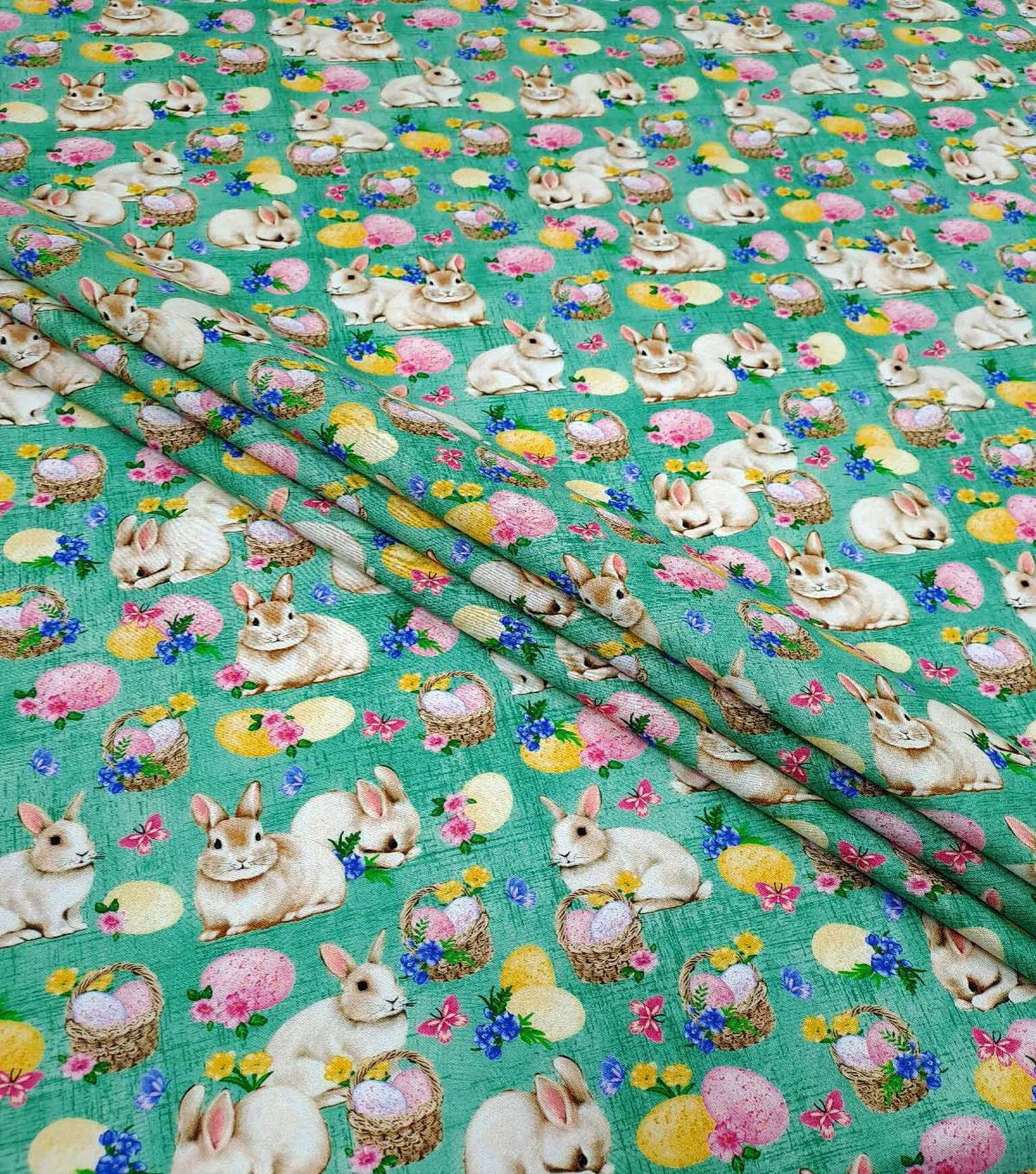 Bunny & Eggs on Sage Easter Cotton Fabric from  100% cotton