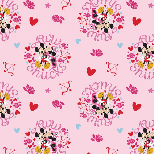 Camelot Mickey and Minnie Pink Valentine's Day 100% cotton fabric half yard by the yard