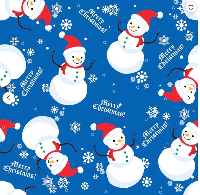 Christmas  fabric Snowman on green and blue 100% cotton