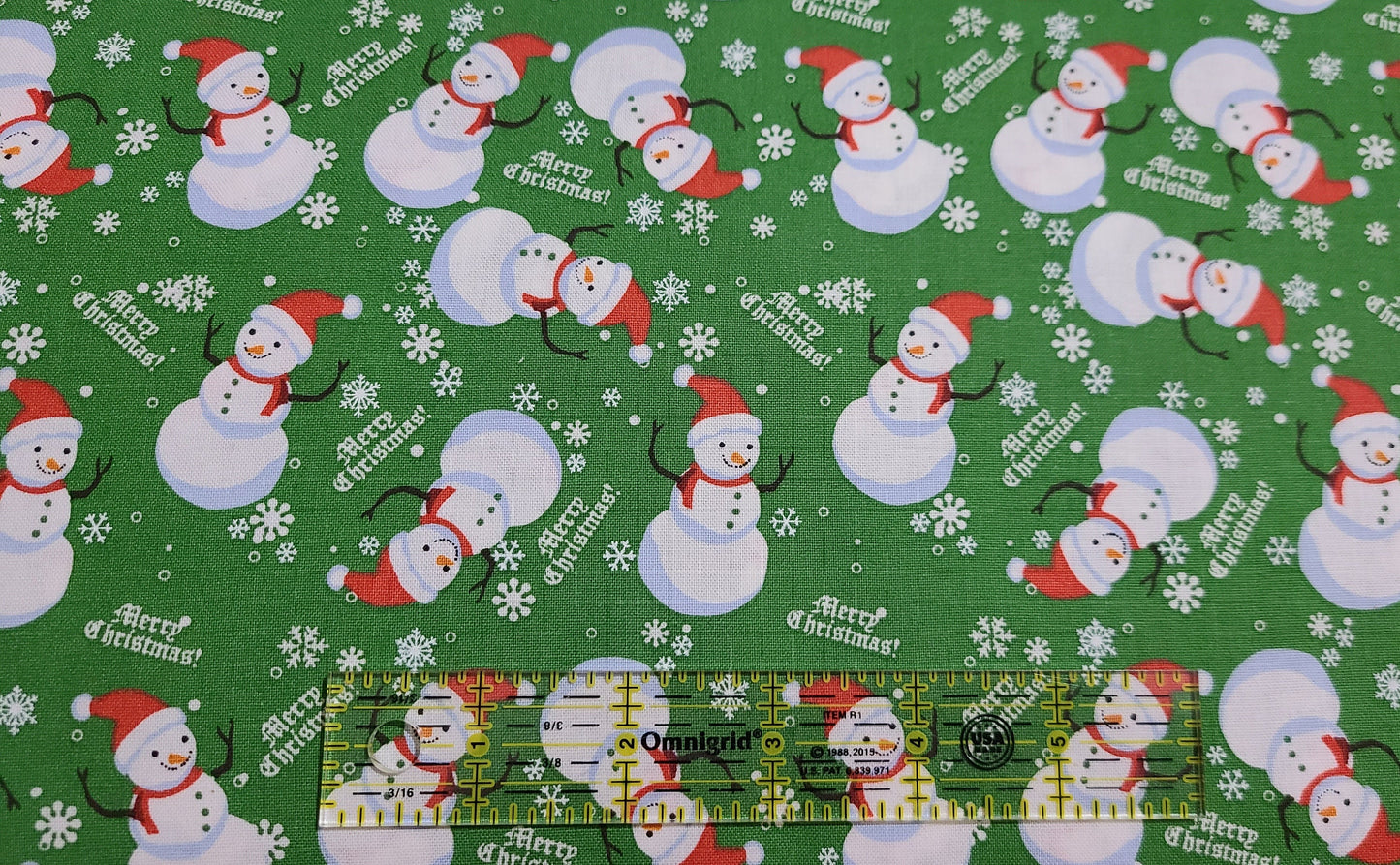 Christmas  fabric Snowman on green and blue 100% cotton