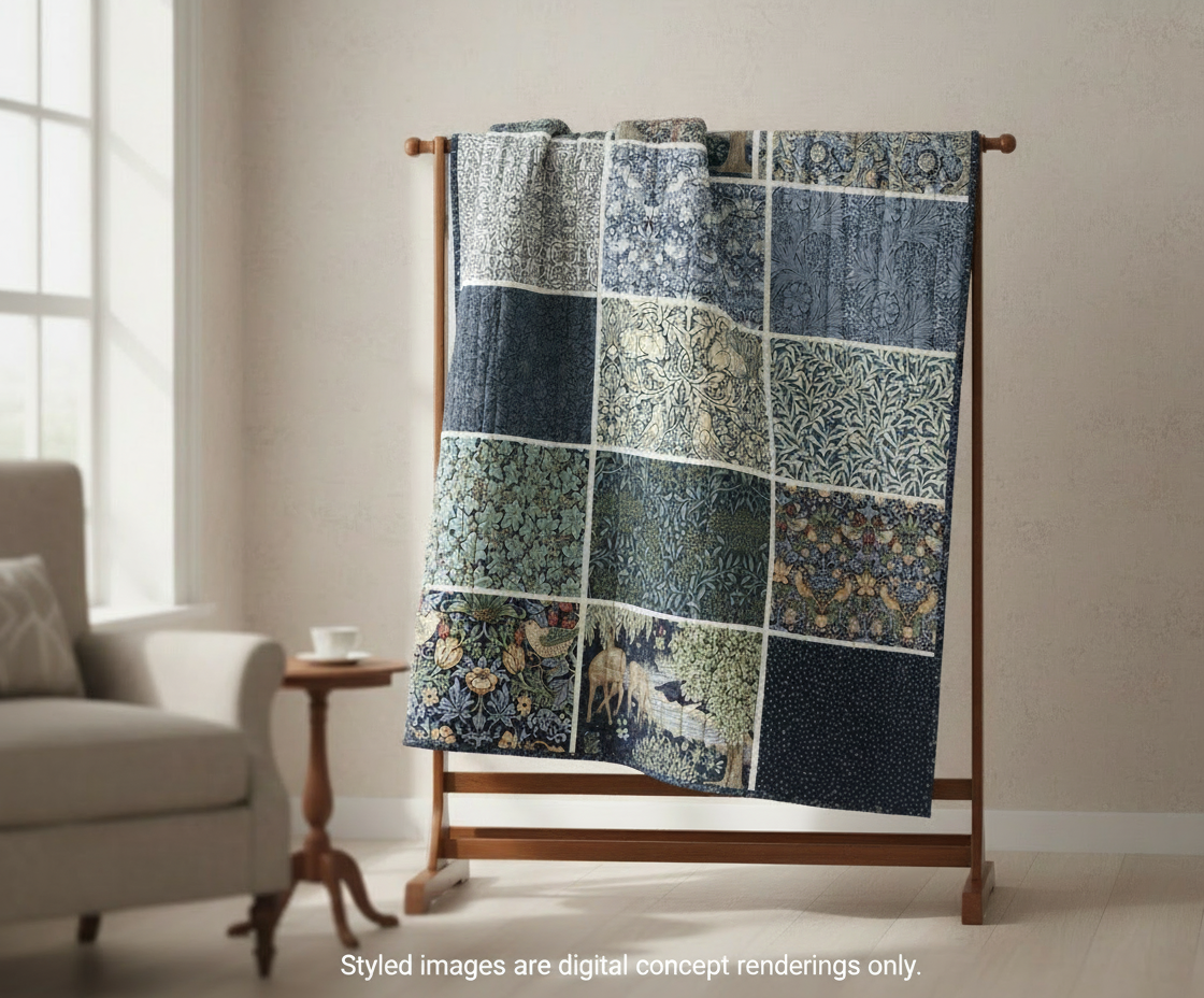 Patchwork quilt on a wooden rack in a room with a couch and table.